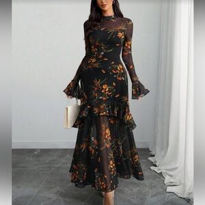 Elegant Black Floral Ruffle Maxi Dress